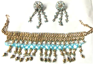 PARURE DE PRESTIGE  PERLES DE VERRE ET STRASS bleu  ONDINE collier et boucles  - Imagen 1 de 5