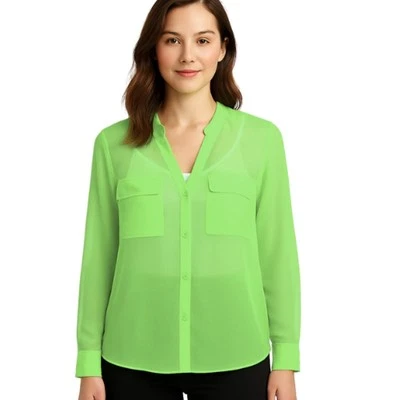 Blusa Erin Fetherston Manga Larga Verde Neón Seda Abotonada Nueva con Etiquetas XL Foto 1 de 4