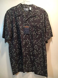 NWOT Untied Men's Short Sleeve Leaf Print Purple Washable Silk Shirt Size Large - Picture 1 of 3