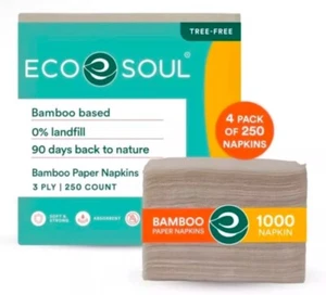 ECO SOUL 100% Bamboo Paper Napkins Premium 3 Ply 1000 Count 4 Packs of 250 - Picture 1 of 7