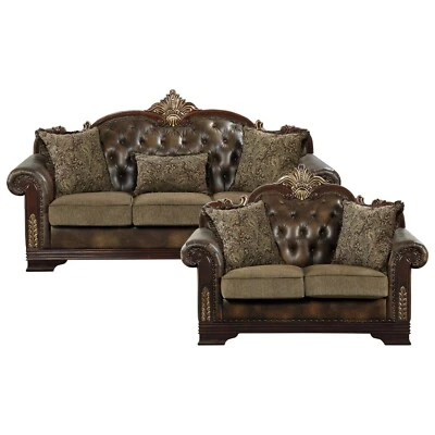 2 PC ORNATE BROWN FAUX LEATHER TUFTED LEATHER SOFA LOVESEAT FURNITURE SET - Image 1 of 4
