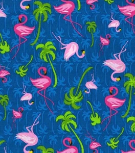 Fabric Flamingos Palm Trees on Blue Cotton FABRIC TRADITIONS 1/4 Yard 4489-BLU1 - Picture 1 of 6