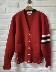 THOM BROWNE Milano Stitch Men’s Cardigan 4-Bar Red Merino Wool Size 3! - Picture 1 of 14