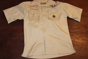 Boy Scouts of America BSA Youth Shirt Large Tan Short Sleeve Glued Patches - Picture 1 of 4