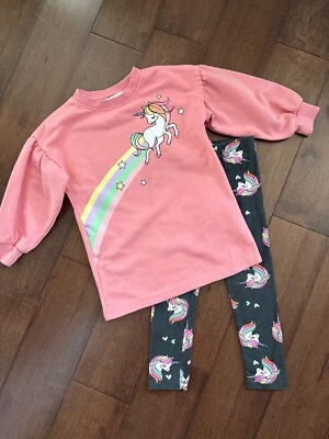 H&M Toddler Girls 3T Pink Terry Unicorn Dress & Printed Leggings Set - Image 1 of 4