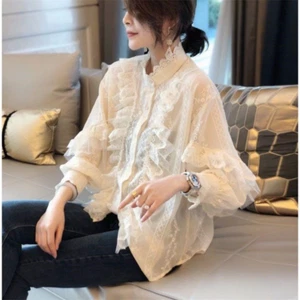 Lady Floral Lace Ruffle Shirt Blouse Loose Stand Collar Long Puff Sleeve Top - Picture 1 of 14