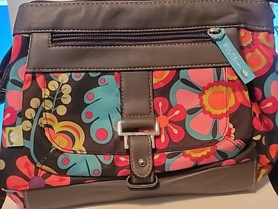 Crossbody Purse Handbag Bag LILY BLOOM Colorful Flowers Pink Teal Brown Floral - Image 1 of 4