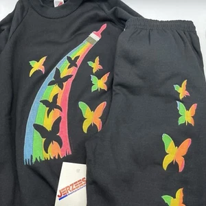 1991 New Jerzees Rainbow Paint Butterflies Graphic Sweatsuit Sweatshirt Womens L - Picture 1 of 14