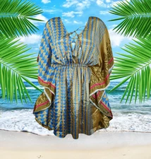 Short kaftan For Women, Gold Blue Floral Print Handmade Silk Caftan Dress,M-XL