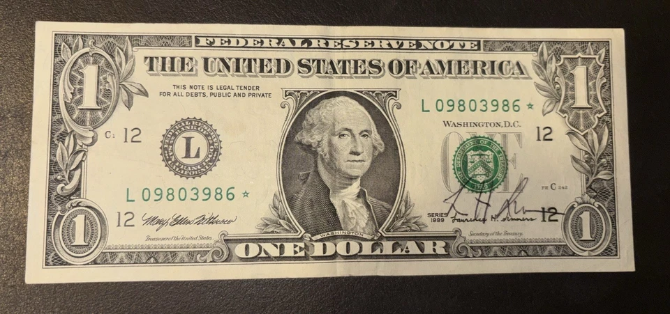 US 1999 $1 Dollar Bill SIGNED By US Treasurer Larry Summers Harvard - #1 of 2 - Image 1 of 2