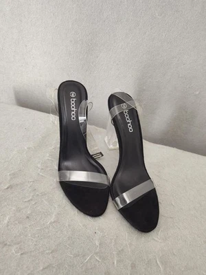 Sandalias de vestir Boohoo para mujer 9 negras con correa transparente tacón bloque zapatos elegantes de fiesta Foto 1 de 4
