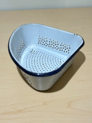 VTG Enamelware Footed Strainer- White With Navy Blue Trim - HAS WEAR-TRIANGULAR - Image 1 of 4
