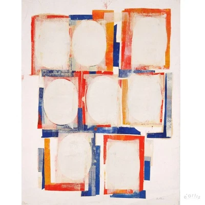 KARL RÖDEL MONOTYPIE FARBE ROT GELB BLAU OVAL FLÄCHE RHYTHMUS UNIKAT VP: 2000€* - Bild 1 von 4