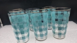 Vintage MCM Glass Set of 6 BBlue Teal Checkered Plaid Gingham Tumblers 5" - Picture 1 of 3