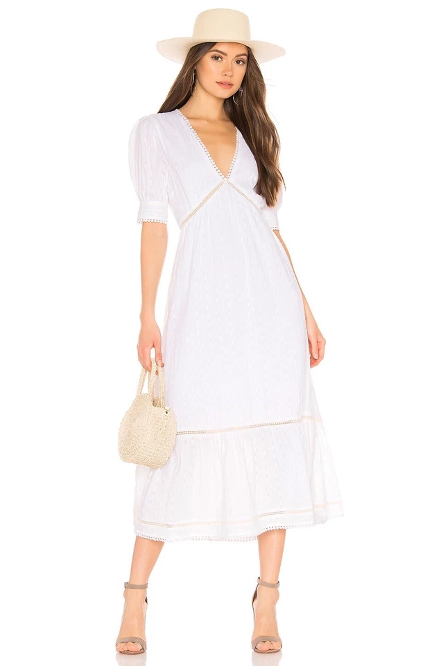 Vestido midi Revolve Tularosa Lou manga corta cuello en V blanco solero talla pequeña Foto 1 de 4