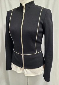 Jigsaw Black Zip Front Jacket Cream Piping Size 10 - Picture 1 of 7