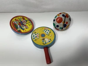 3 Vintage Tin Clown Noisemakers wooden handle - Picture 1 of 6