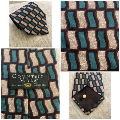 Countess Mara Men's Silk Necktie Brown Blue Teal Geometric Pattern Silk 55” x 4 - Image 1 of 4