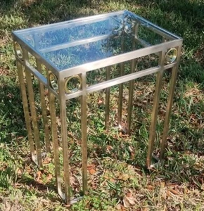 Mid Century Modern Brass Rings and Chrome Glass Side Table - Picture 1 of 14