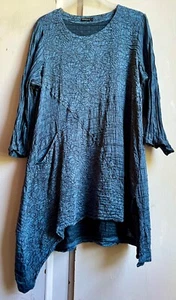 ✩Gorgeous *GRIZAS* Blue Asymmetric Floral Textured Silk Linen Pocket Tunic Top M - Picture 1 of 10