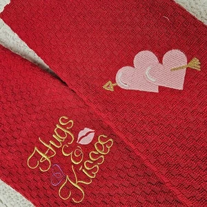 VALENTINE HEARTS towels, kitchen retro look, embroidered boutique Towels, RED - Picture 1 of 4