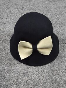 Womens Cloche Hat Target Black Wool Hat White Bow Trim One Size Boho Retro 50s