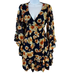 Abito Betsey Johnson blu/arancione Bambi floreale con volant manica a campana taglia 4 boho - Foto 1 di 15