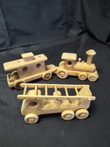 Hand Crafted Wooden Train & Fire Truck ~ 3 Piece Set ~Handmade Maker Signed 1973 - Picture 1 of 23