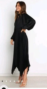 Petal And Pup Eloise Black Dress, AU 6-8 Satin, Pleated, Long Sleeve, - Picture 1 of 12