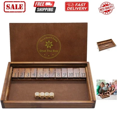 Shut The Box Wooden Board Dice Game with 12 Numbers and Lid for Kids Adults F... - Image 1 of 4