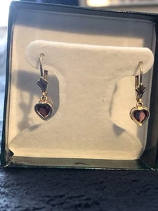 14K Yellow Gold Bezel Set Heart Shaped Amethyst Dangle Leverback Earrings - Picture 1 of 5