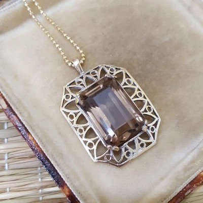 Vintage 925 Sterling Silver Necklace, Natural Large Smoky Quartz Pendant, Gold - Image 1 of 4