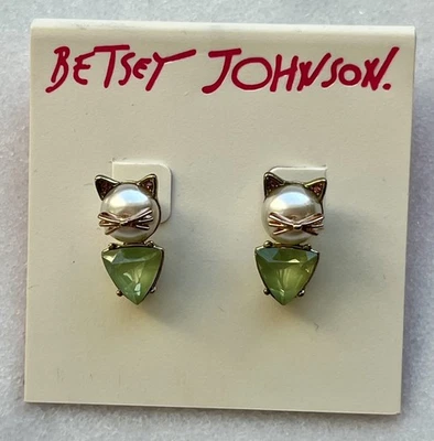 Pendientes Gato Betsy Johnson Nuevos Orejas Perforadas Perla Piedra Verde Tono Dorado Foto 1 de 4