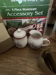 Christmas Winter Snowman W Stockings Sugar Bowl & Creamer Royal Stoneware NO Box - Picture 1 of 1