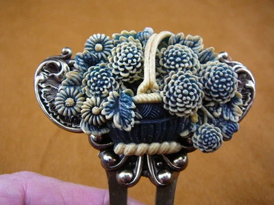 CHL57-2) blue DAHLIA Flower basket cameo brass hair pin pick stick HAIRPIN - Image 1 of 2
