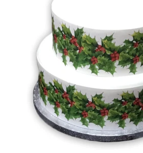 A4 Edible Decor Icing Sheet Christmas HOLLY & BERRIES Garland Ribbon Border  - Picture 1 of 2