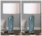 TWO MAIRA CERAMIC XL 33" TABLE LAMPS BRUSHED NICKEL METAL CRYSTAL BASE UTTERMOST