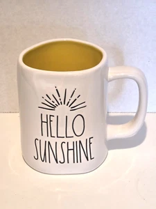 Rae Dunn HELLO SUNSHINE White Ceramic Mug Yellow Interior Inscribed LL Black!!! - Picture 1 of 3