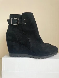 MARKS & SPENCER BLACK SUEDE BUCKLE TRIM WEDGE HEEL ANKLE BOOTS SIZE 6.5/39.5 - Picture 1 of 5