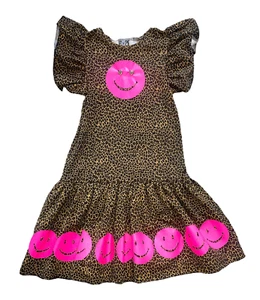 Hope Jeans girls brown leopard hot pink happy face flutter sleeve dress 12 - Picture 1 of 2