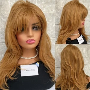 Long Fluffy Wavy Honey Blonde Human Hair Blend Heat OK Wigs Women Soft Natural - Picture 1 of 14
