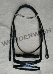 Leather Horse Browband&Noseband Set Swedish Bridle Patent Wave in 4 Sizes  - Picture 1 of 5