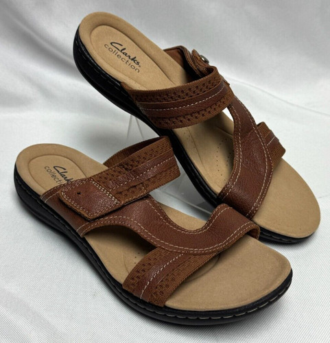 Sandali donna Clarks marroni in pelle comodi slip on slides taglia 10 LARGHI