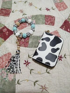 Cow Print Wallet Wristlet Keychain Coin Purse Daily Use Bracelet Girl - Picture 1 of 2