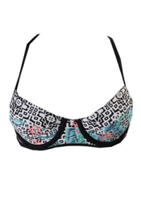Hula Honey Black White Multi Tropical Pulse Printed Underwire Bikini Top S - Picture 1 of 3