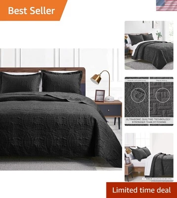 -Juego de edredón redondo tamaño king - Colección colcha 3 piezas patrón moneda negro Foto 1 de 4