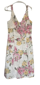 Eddie Bauer Women's Midi White In Floral Pink Dress Zip Up Knot Strap Sz 4 - Picture 1 of 5