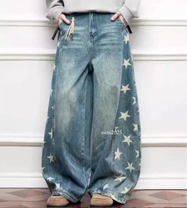 Men's Retro Blue Side Stars Printed Wide Leg Punk Hip Hop Pants Trousers Casual - Picture 1 of 25
