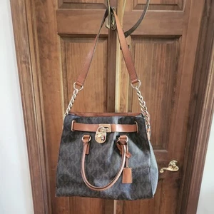 MICHAEL KORS Leather Hamilton Bag Tote Purse Signature Logo Brown - Picture 1 of 21