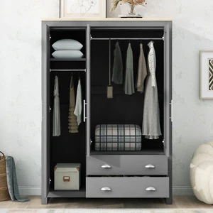 Three Door Storage Wardrobe with Cabinets and Two Hanging Rods,Gray - Picture 1 of 12